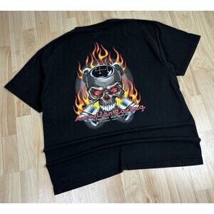 Y2K American Racing Graphic T-Shirt / Skull / Flame / Black / Size XL